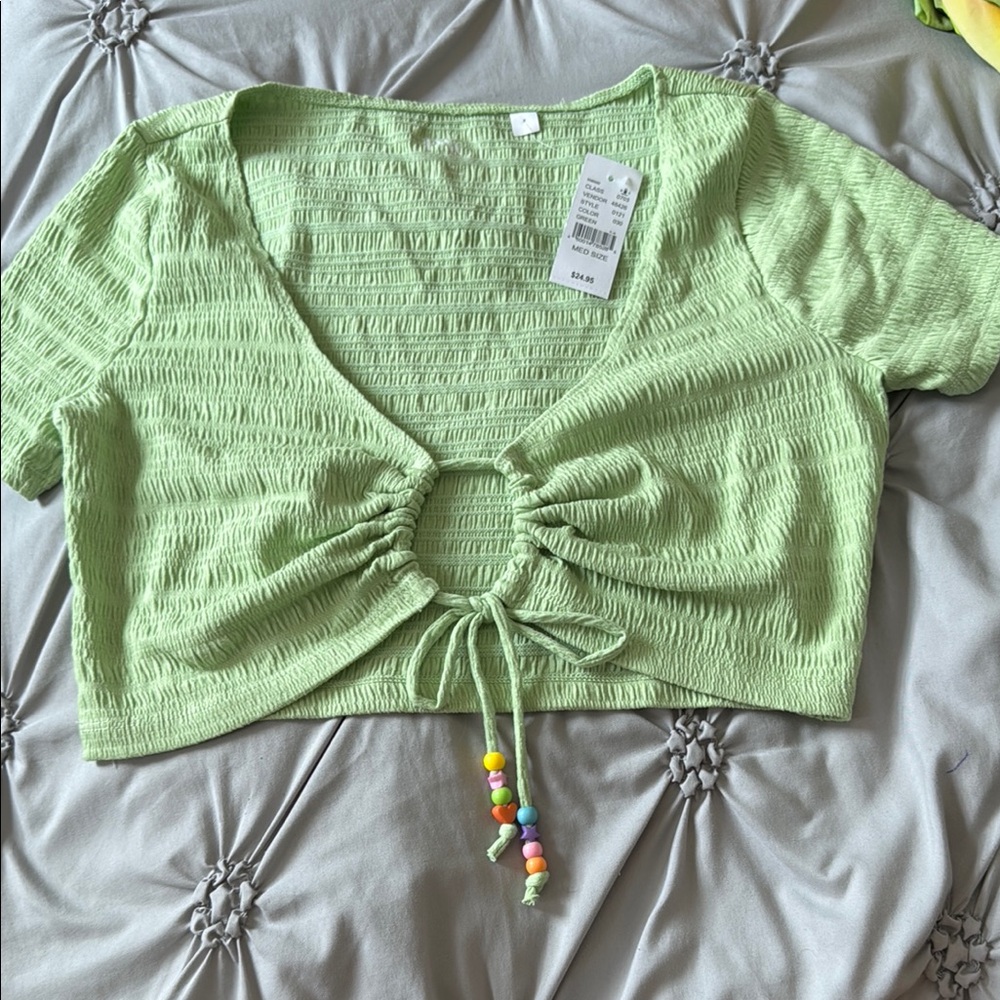 PacSun Green Ruched Tie Front Crop Blouse